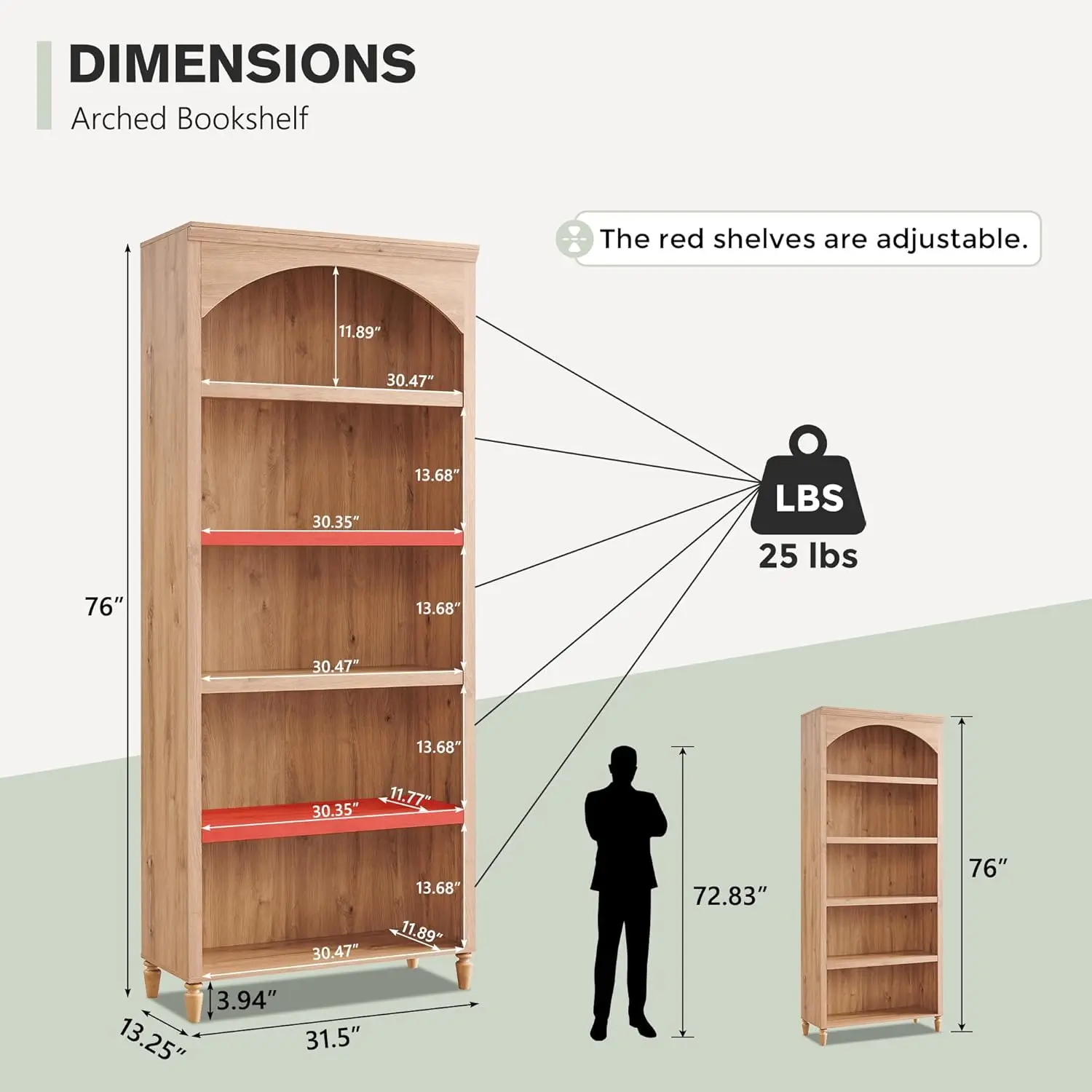 خزانة كتب مقوسة بطول 76 بوصة، خزانة كتب مقوسة كبيرة مكونة من 5 طبقات مع أرفف قابلة للتعديل، كتاب خشبي حديث
