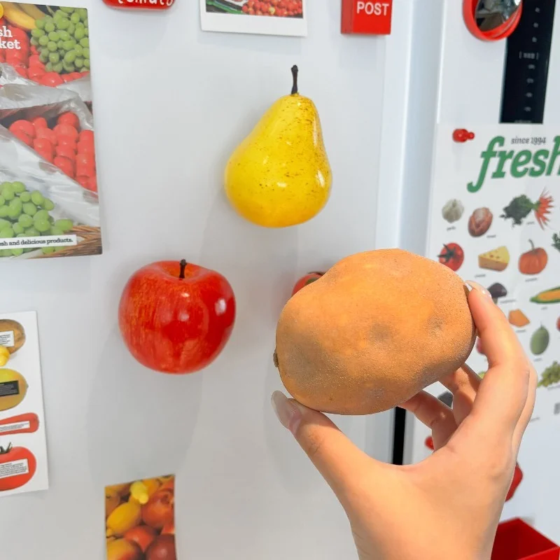 3D Simulation Fruit Fridge Magnet, Apple Tomato Pear Potato Shaped Realistic Vegetable Decor Sticker, for Kitchen Home Ornament