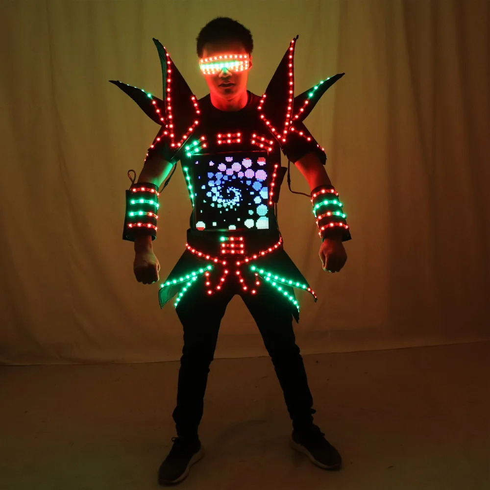 LED Robot Display Costumes Party Performance Wears Armor Suit Colorful Light Mirror Clothe Club Show Outfits Helmets Disco