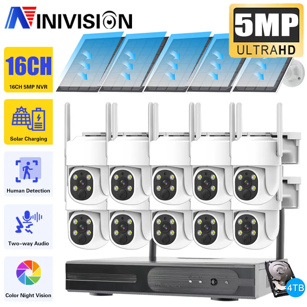 10CH 5MP draadloos bewakingssysteem op zonne-energie met 4MP PTZ-camera's NVR- en batterijtrackbeveiligingskit met laag verbruik