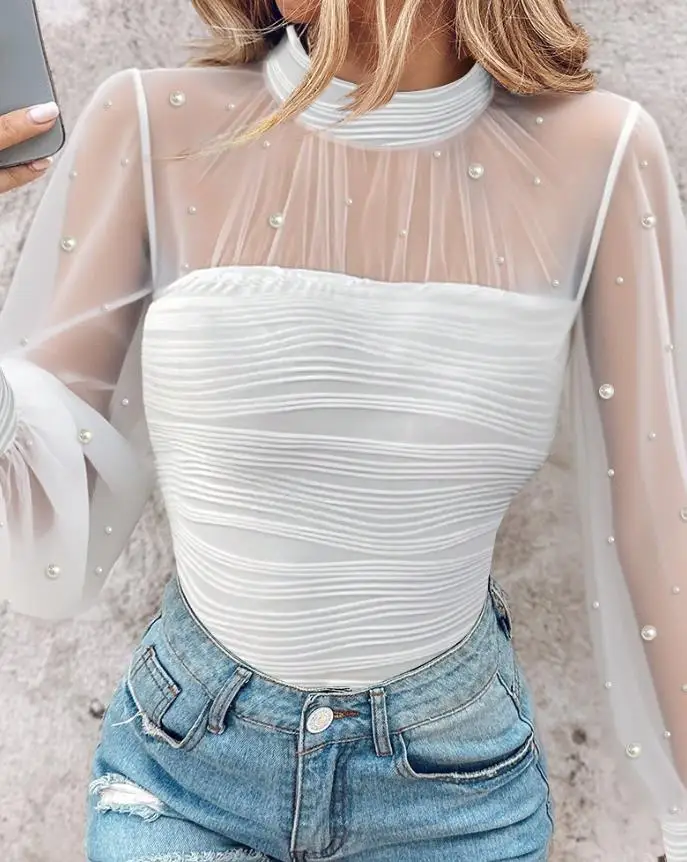 المرأة مثير تي شيرت اللؤلؤ ديكور عالية الرقبة فانوس كم بقماش شفاف تقسم المحملة امرأة موضة سليم محكم #3