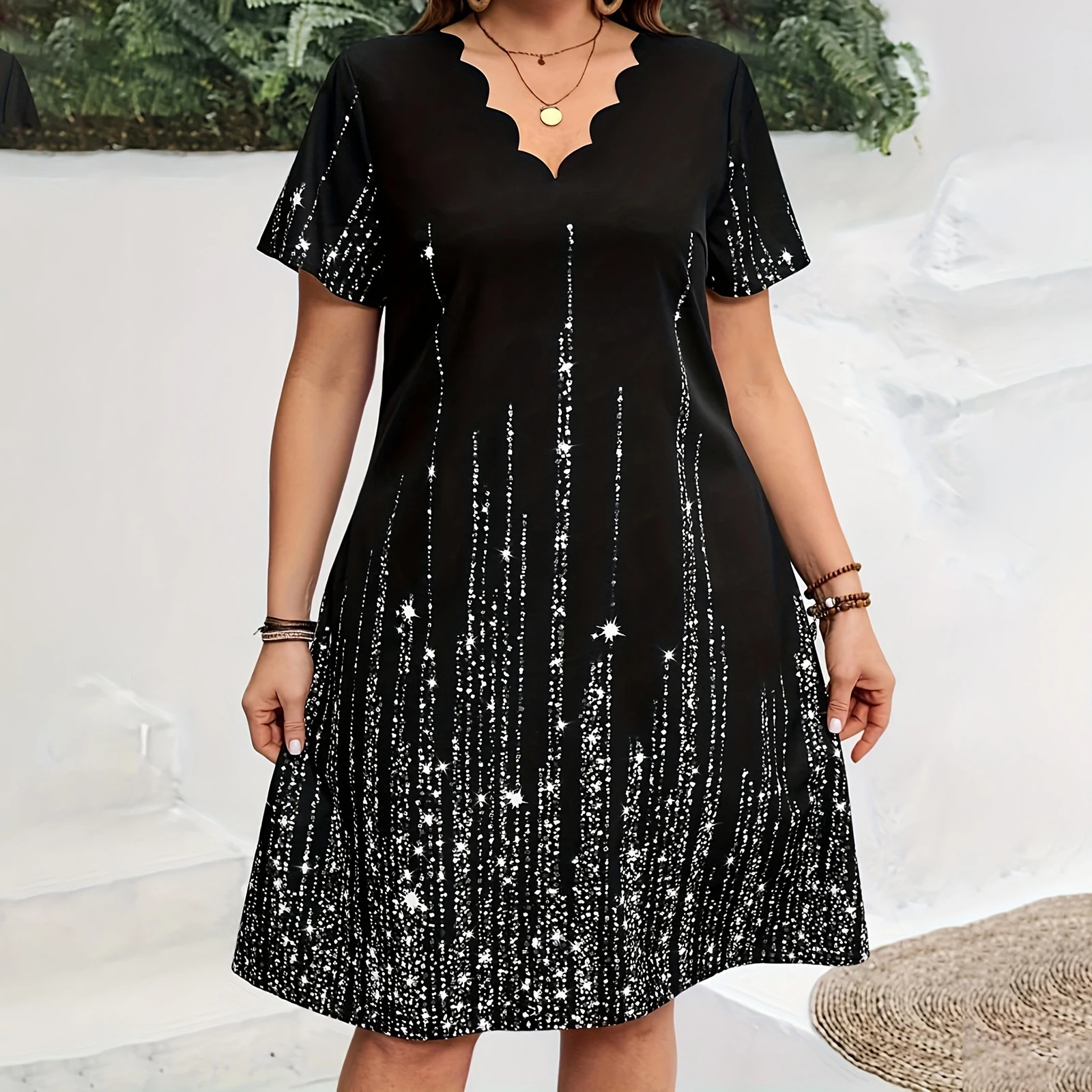 

New Women Plus Size Short Dress Loose Fashion Print Scallop Trim V Neck Short Sleeve A-Line Dress Casual Summer Clothes