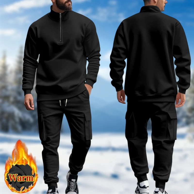 

Мужская повседневная флисовая толстовка на молнии с несколькими карманами, рабочая одежда, комплект длинных брюк, теплый осенне-зимний однотонный комплект в американском стиле
