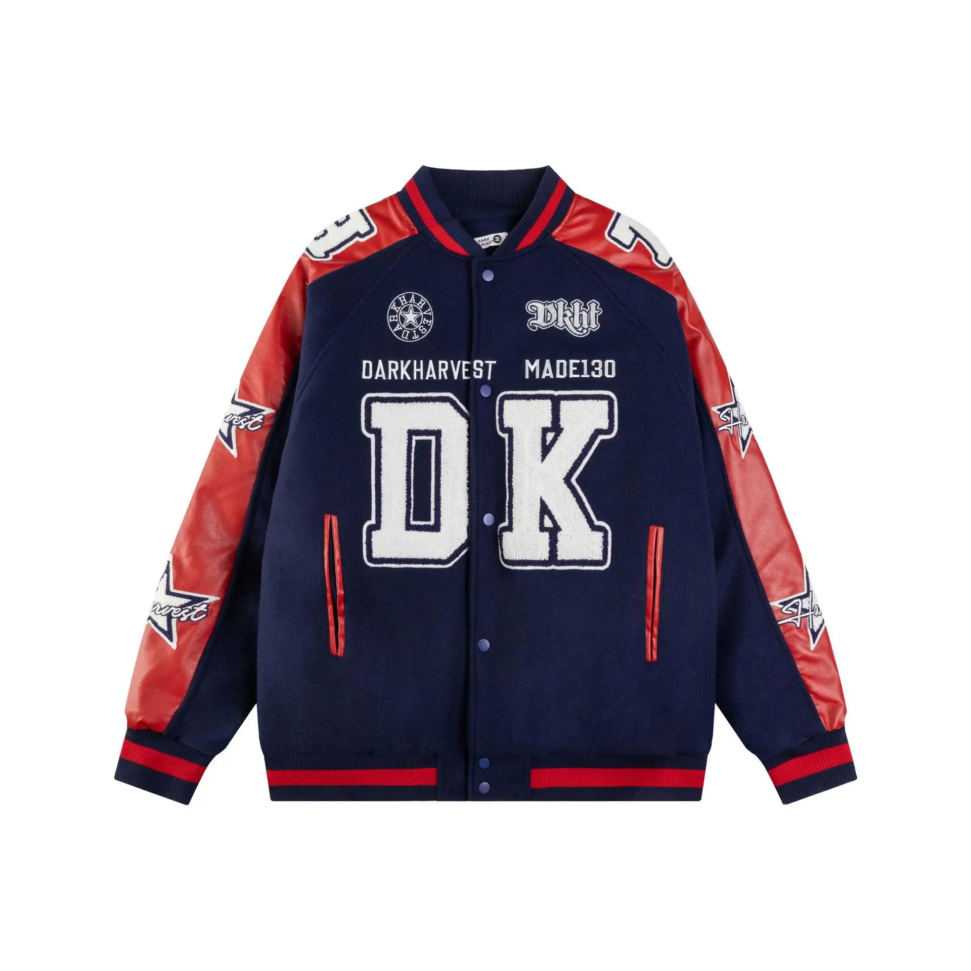 

Flock Letter PU Leather Panel Men's Baseball Jacket, American Fleece-lined Mans Coat, Heavyweight Streetwear Warm Coats