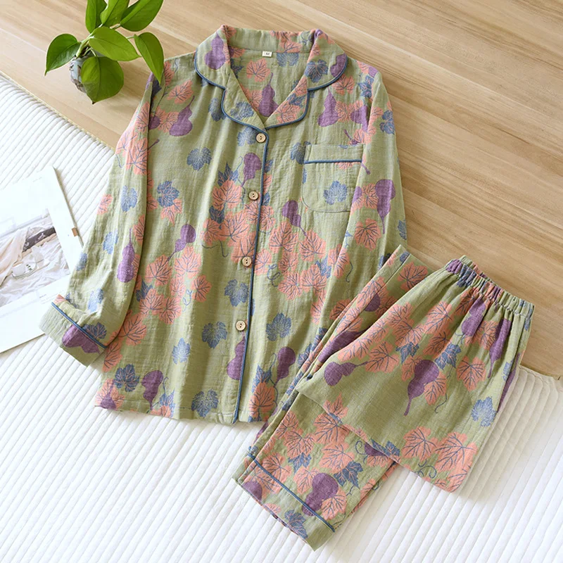 Japanese Spring and Autumn New Women\'s Pajama Set 100% Cotton Vintage Long Sleeved Pants Two Piece Set for Home Furnishings