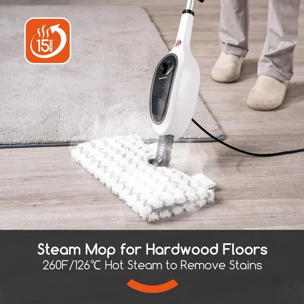 Steam Mops for Floor Cleaning, Unique Double-Sided Flip Design, 15 Seconds Fast Heating，10-in-1 Steam Cleaner for Kitchen