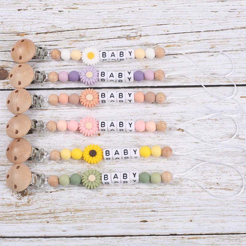 Baby Personalized Name Pacifier Chain Silicone Daisy Dummy Holder Chain For Handmade Wooden Baby Nipple Clips Nursing Chew Toys