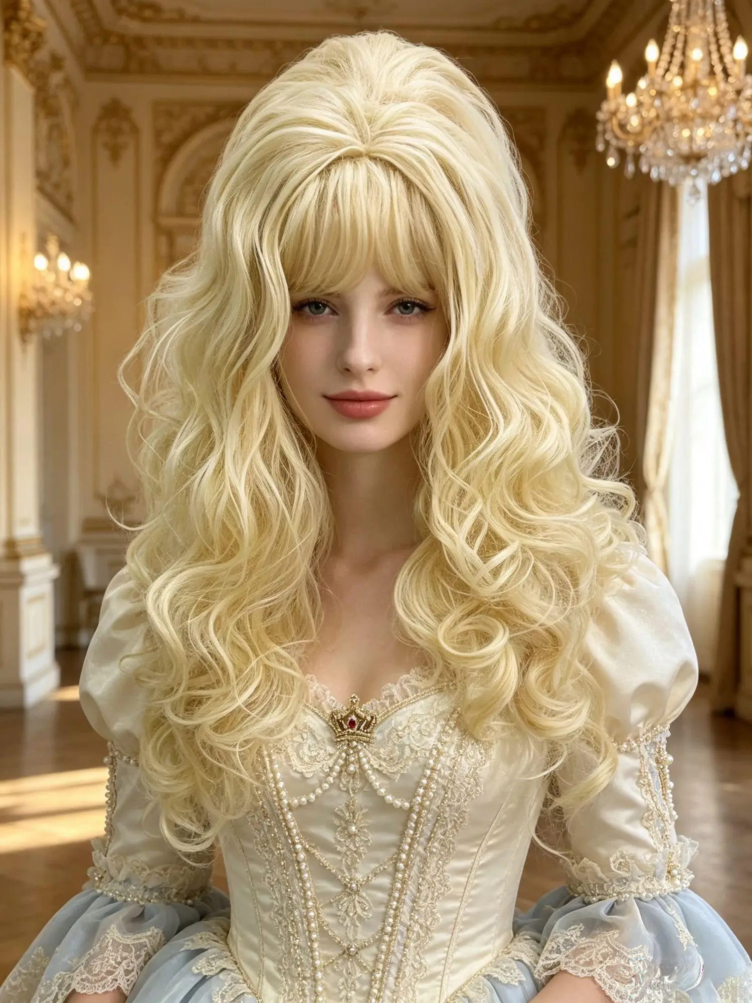 Light Blonde Long Curly Wig Synthetic Fluffy Wavy Layered Bangs Fashion Daily Princess Anime Costume Wig Halloween Cosplay Party