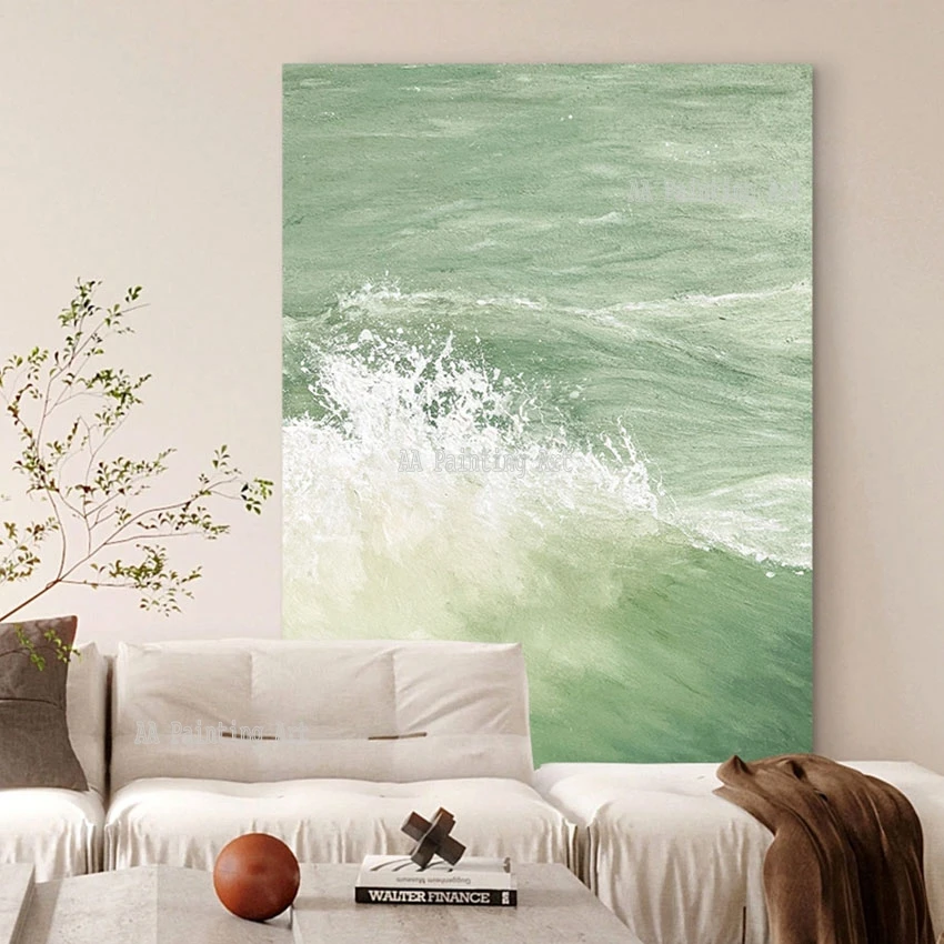 Simple Green Acrylic Design Art, Pure Handmade Wall Decor, Sea Wave Painting, Unframed Canvas Artwork, Home Decoration, as Gift