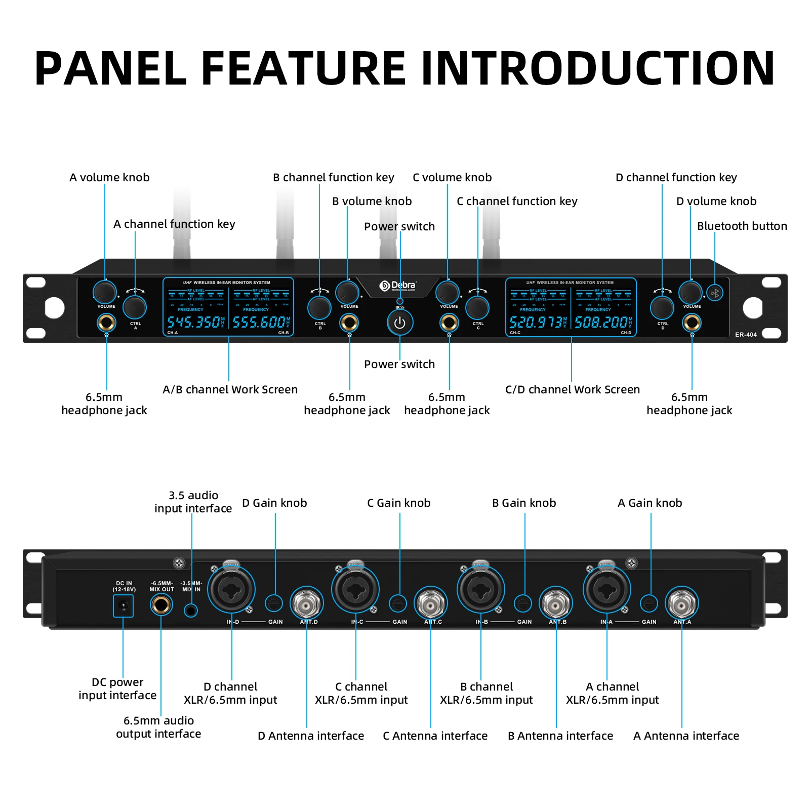Debra ER-404 Professionelles Kabelloses In-Ear Monitoring System, Infrarot-Synchronisation, mit Mehreren Empfängern, für Bühneneinsatz – Detail 12