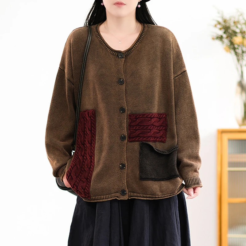 

Женский повседневный свитер с длинным рукавом, Новое поступление, осень 2025 года, винтажный стиль, с круглым вырезом, однотонные свободные женские вязаные кардиганы T784