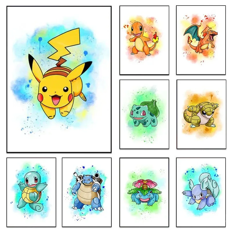 

New Cute Anime Pokemon Wall Art Canvas Painting Pikachu Posters and Prints Wall Pictures for Living Room Decor Birthday Toy Gift