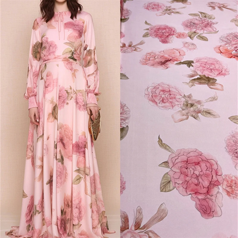 Width 140cm Pink Flower Print Double Qiao Silk High Quality Summer Breathable Clothing DIY Designer Material Natural Silk Fabric