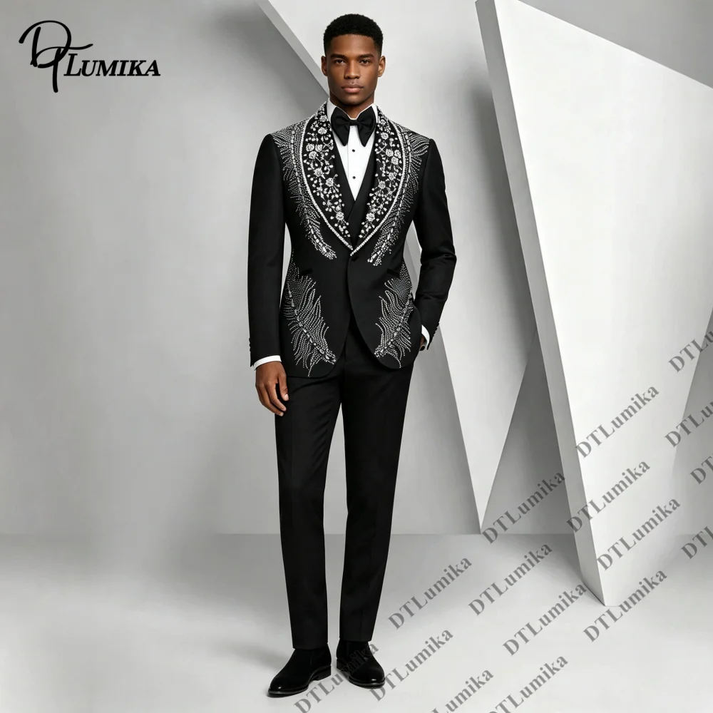 Made‑to‑Measure Men Black Silver Decor Tuxedo 3‑Piece, Sophisticated Evening Attire for Wedding Guest Opera Award Ceremony