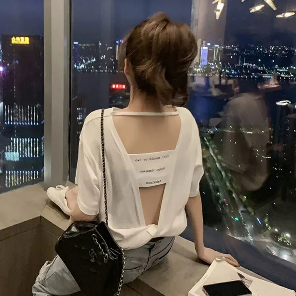 Woman Oversize TShirts Summer Backless T-shirt Lady Sexy Loose Hollow Out Tops Mujer Camisetas Casual Letter Print Ladies Tees