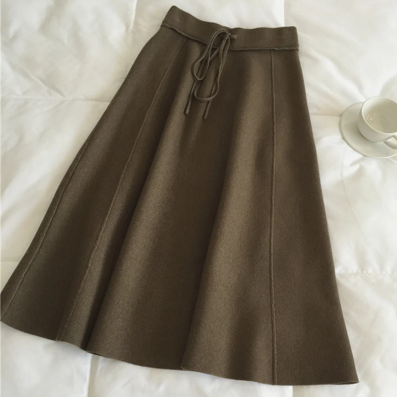 Korean Style Wool Blend Calf Long Knitted Skirts Elastic Waist Strings A-line Flared Calf Long Knit Skirts