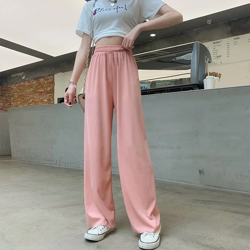 Knitted Wide-leg Pants Women Casual All-match Trousers Summer Streetwear High Waist Ice Silk Draped Loose Straight Pants