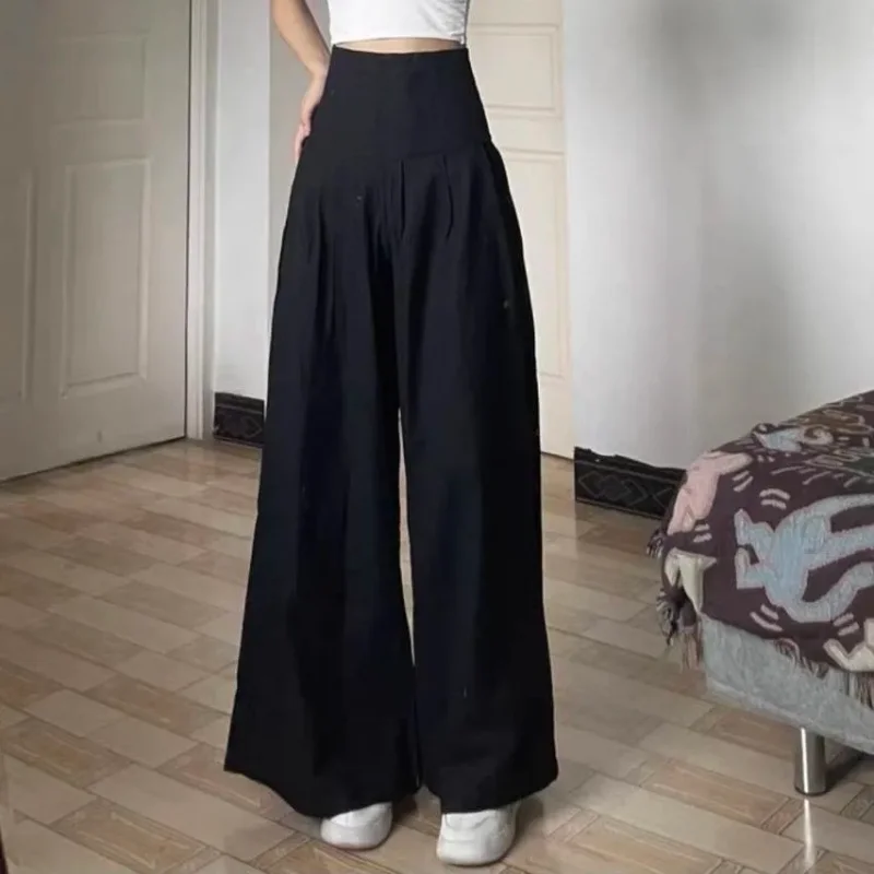 

Женские черные широкие брюки с высокой талией, повседневные брюки свободного покроя