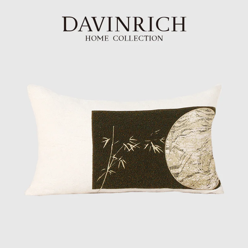 DAVINRICH The Moon Night Bamboo Looped Hook Embroidery Lumbar Pillow Cover Chinoiserie Cushion Case Orientalism Style Home Decor