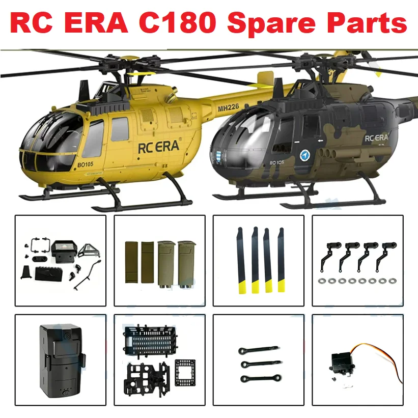 Lista części zamiennych do helikoptera RC ERA C180: obudowa, śmigła główne, silnik, rama, przekładnia, serwo, odbiornik, itp.