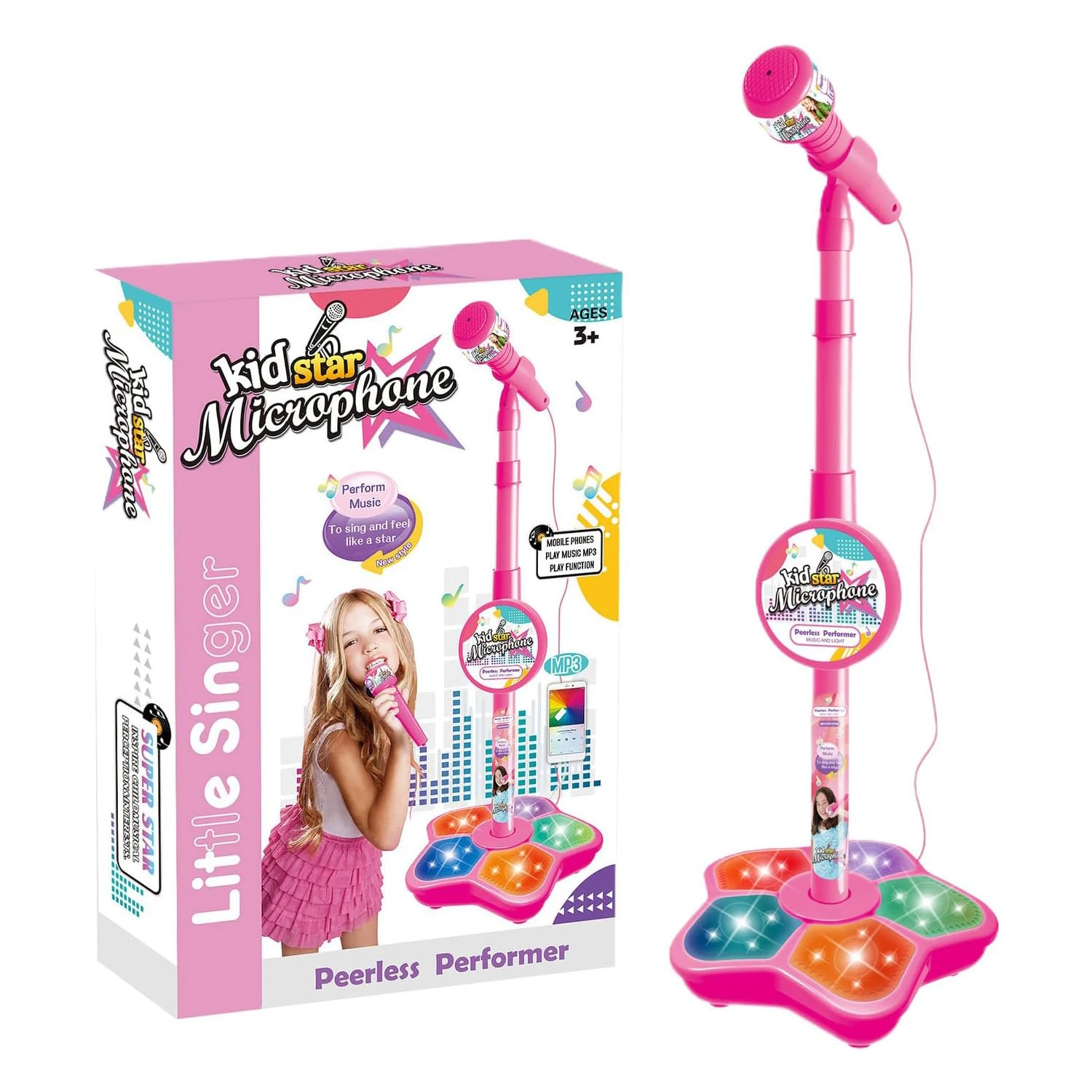 Microfone de pé para crianças, microfone com suporte ajustável para crianças, máquina de karaokê com luzes, festa, brinquedo musical