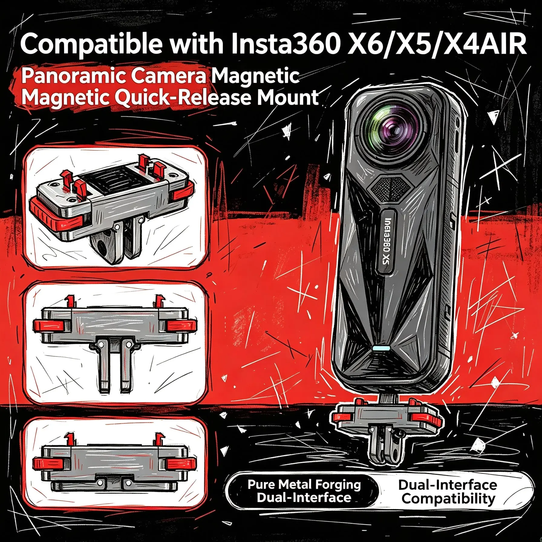 Magnetic Quick Release Mount for Insta360 X 6/X5/ Ace Pro/Ace Pro 2,X4 Air Magnetic Adapter Base Mount with Dual-Claw