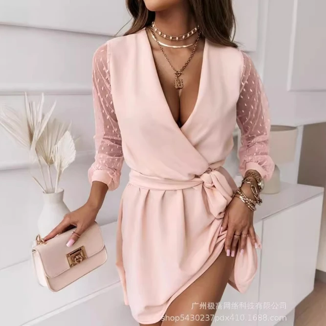 

elegant party womens dresses Sexy Slim Fit Dress Women's New 2024 Mesh Patchwork Long Sleeved Waist Strap V-Neck Casual Dress