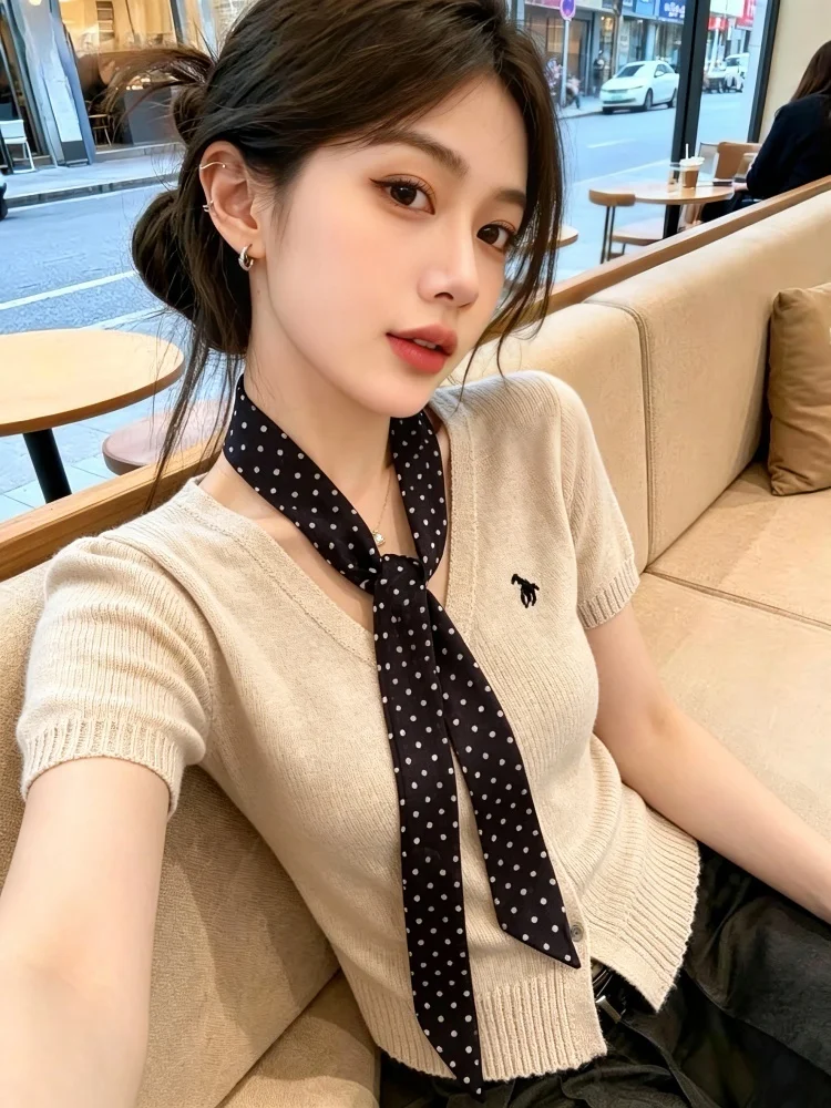 

Korean Style V-Neck Knitted Open Cardigan Women's Summer New Fashion Top Self-Keeping Polka Dot Sash Embroidery High-End Silk