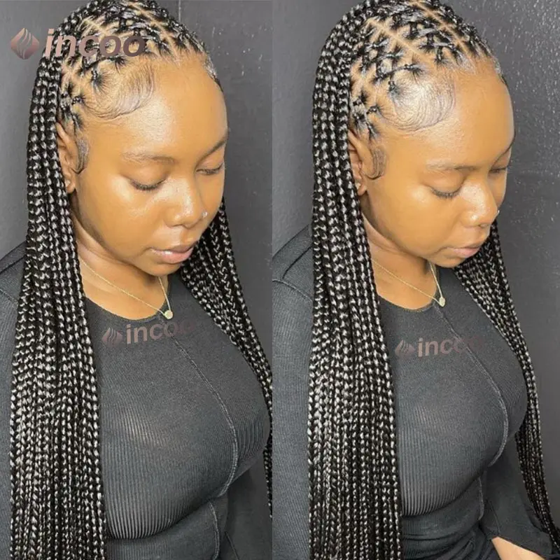 Perruques tressées croisées synthétiques ombrées, boîte sans nœuds, Full Lace Frmeds, perruque tressée Goddess Cornrow Lace Front Wig, 36 po