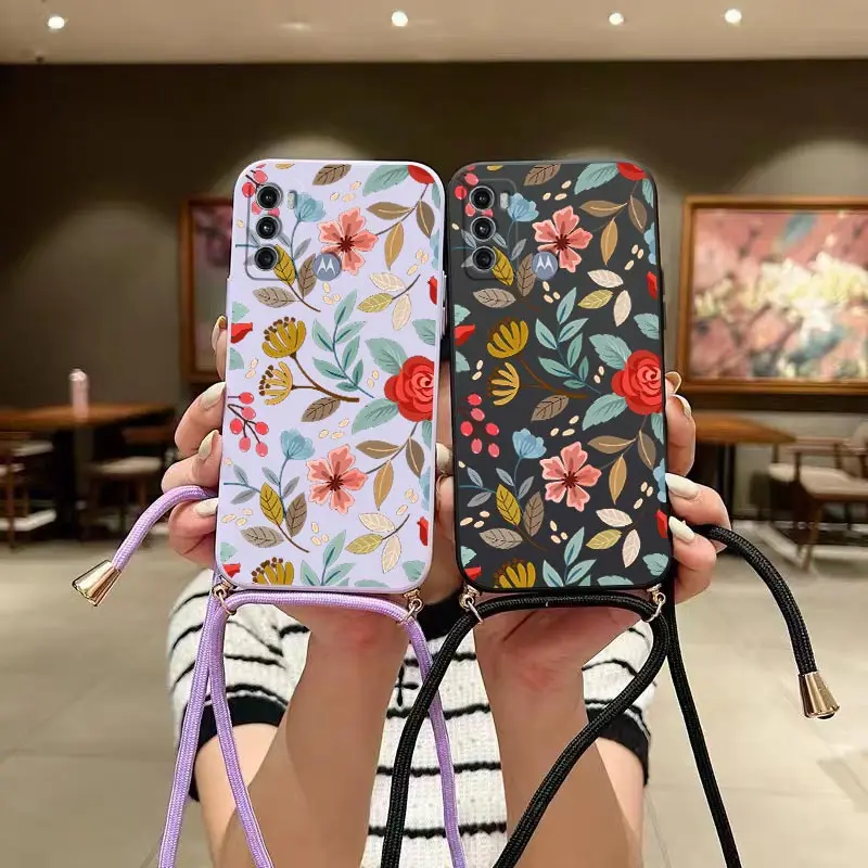 G60 Five Petals FlowerLanyard Silicone Phone Case For Motorola Moto G60 G62 G54 G24 G52 G84 G60S G100 G30 G40F G34 G42 G13 Cover