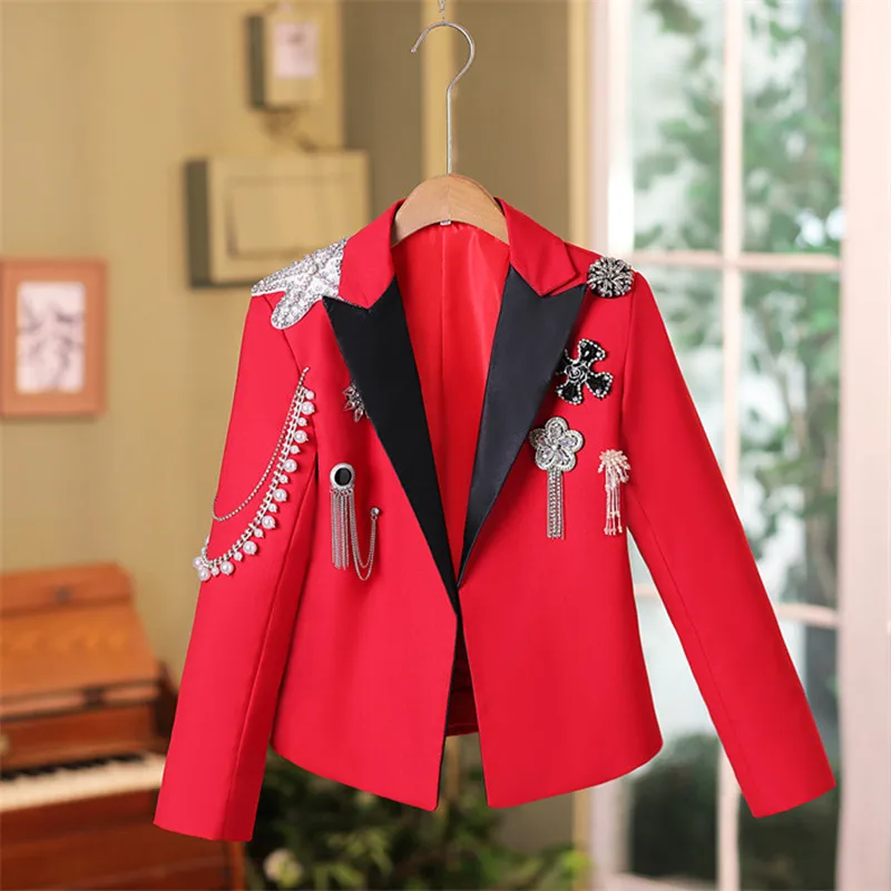 New Fashion Children's Beads Catwalk Suits Wedding Birthday Party Host Piano Performs a Walk Show Tuxedo Boys Blazer A4115