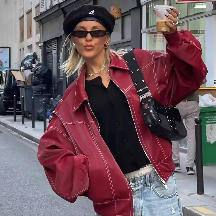 

KIDCRKJ Spring Autumn Women's Leather Jacket American Style PU Jacket For Women Casual Zipper Sweat Coats Women's Outwears