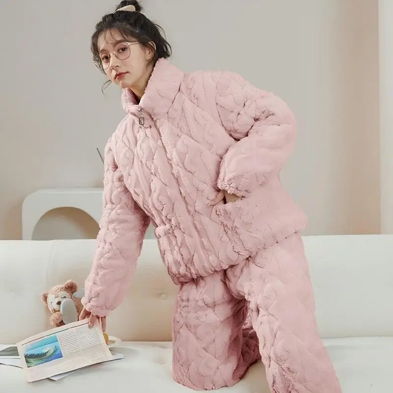 Women's Pajamas Winter Fleece Thickened Three-layer Padded Zipper Ultra-thick Warm Coral Fleece Can Be Worn Outside Loungewear
