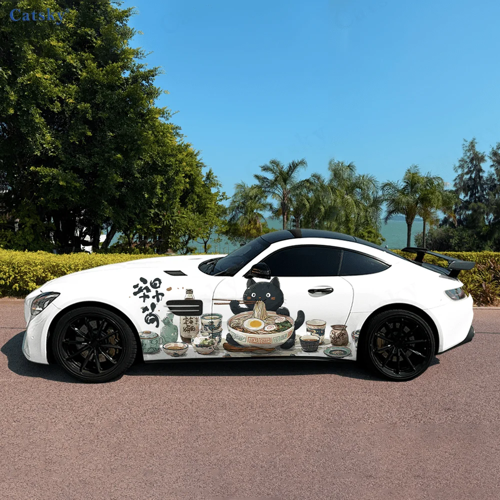 

Черный кот ешь рамэн, боковая наклейка автомобиля, декор, ПВХ, водонепроницаемая, устойчивая к царапинам наклейка, защита автомобиля, автоаксессуары в подарок