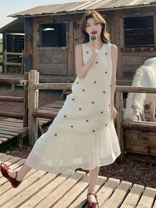 Summer New Sweet Sleeveless Long Vest Dress Cherry Floral Print Splice Slimming A-Line Gown Elegant Casual Loose Waist Design