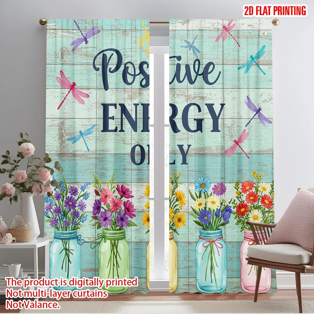 

2pcs 2D flat printing Party Window Curtains Positive Energy Flowers Dragonfly Polyester Without Electricity Family Party for