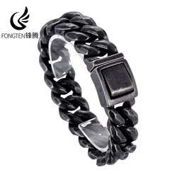 Fongten Retro Curb Bracelet for Men Stainless Steel Foundry Tapping Pattern Cuban Link Chain Male Bangle Bracelets Jewelry
