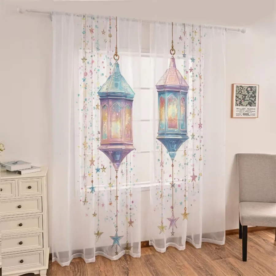 2PCS Digital Print Sheer Curtains, Iridescent Holographic Star Light, Dreamy Celestial Magic for Bedroom Living Room Home Decor