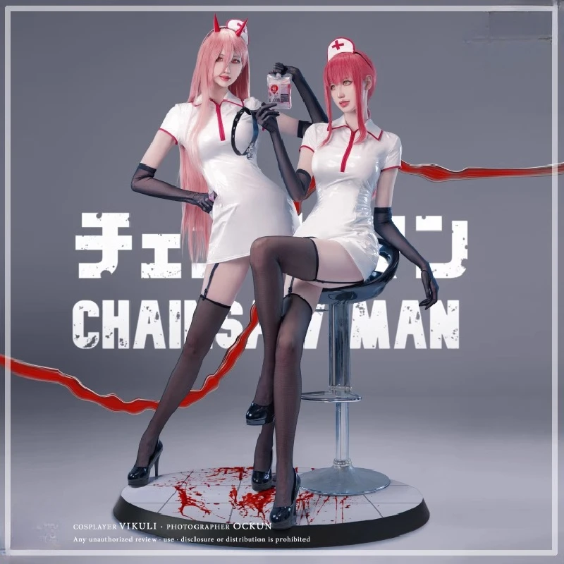 

Anime Chainsaw Cosplay Man Women Halloween Roleplay Powerr/Makimaa Cosplay Nurse Uniform Black White PU Latex Bodycon Jumpsuit