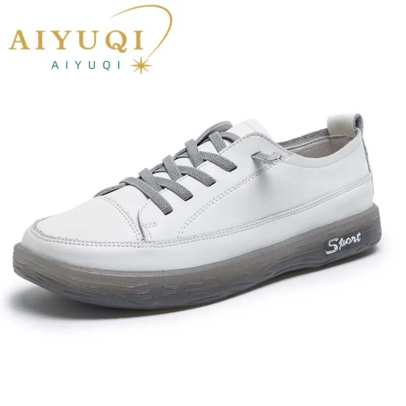 Mocasines AIYUQI de piel auténtica para mujer, zapatos blancos con cordones de talla grande para primavera, zapatos planos informales de suela