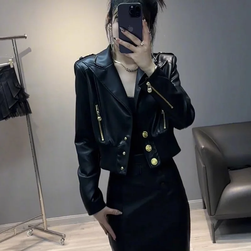 ジッパーラペルPUレザージャケット ソフトレザー ファッションデザインセンス ショートコート レディース 2025 春秋新作 アウター 女性用