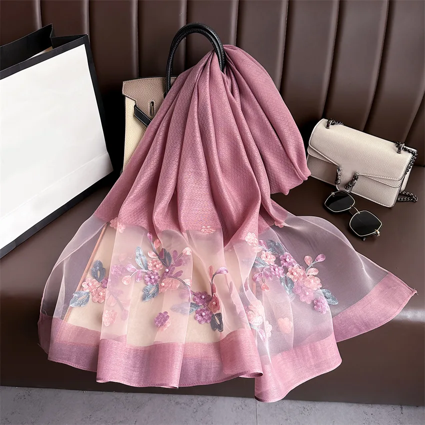 

New Women Silk Wool Scarf Floral Embroidery Hijab Female Foulard Spring Summer Thin Pashmina Shawl Wrap Bufanda Headscarf Stoles