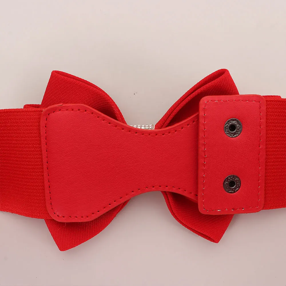 Adjustable Buckle Women's Elastic Wide Belt Plus Size Solid Color Elastic Bow Belt Rhinestone Stretch Belt for Dress Jeans