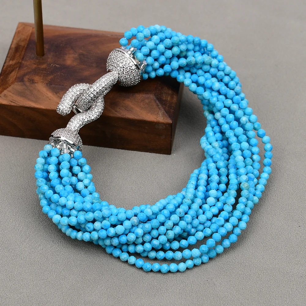 G-G 14 Rows Natural Stone Blue Turquoise Faceted Round Gems Beads Bracelet 8.5