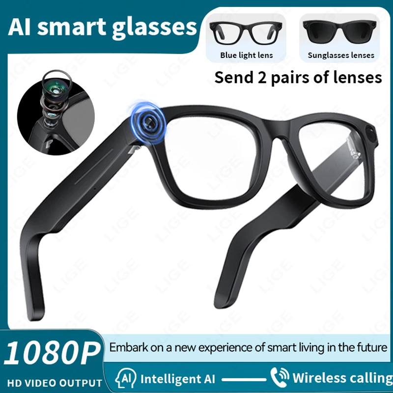 

LIGE Новые 1080P HD AI умные очки с защитой от сотрясений, Bluetooth-вызов, аккумулятор 270 мАч, голосовой помощник, управление, умные очки 2025