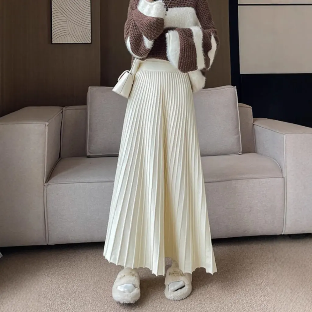 Damen-Strickrock mit hoher Taille, A-Linie, schlankmachender, gestapelter Taillen-Plissee-Swing-Regenschirmrock für Herbst und Winter
