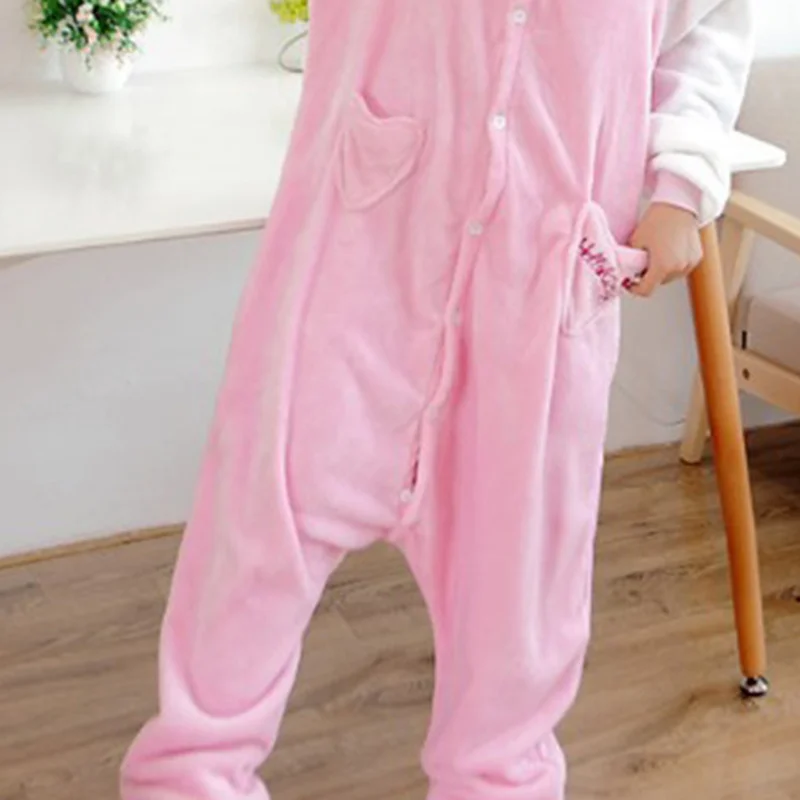 Hello Kitty Cat Onesie Cosplay Costume Kigurumi Flannel Zipper Pajamas Anime Jumpsuit Sleepwear Homewear Halloween Children Suit