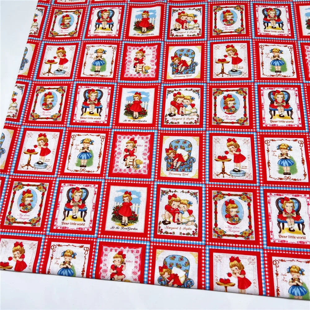 vintage Retro RED little girl 100% cotton fabric ,Patchwork Cloth,DIY Sewing Quilting Material For Baby skirt clothes