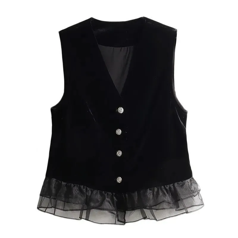 

Button Front Ruffle Trim Black Velvet Vest Women 2025 Spring Autumn Sleeveless Jacket Coat Elegant Ladies Cardigan Top