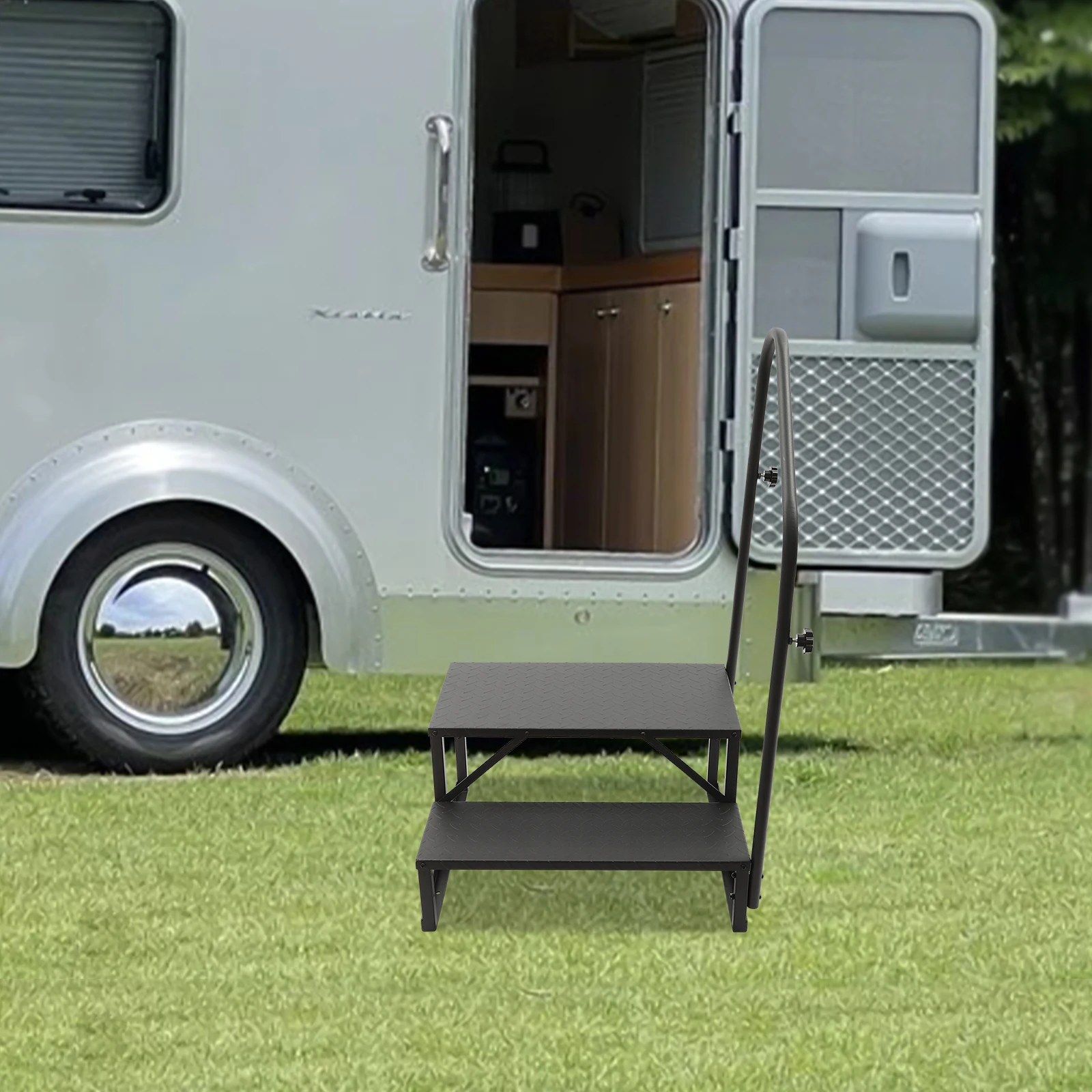 [Step Ladder] 1PC Steel Step Ladder with Handrails - 450LBS Load Stable Rustproof - Home Pool Travel Trailer Portable Porch Step